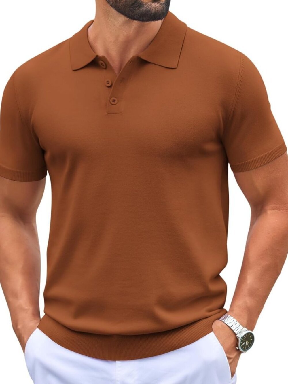 Mens Caramel Knit Polo Shirts Casual Short Sleeve Button Down Golf Tee Classic